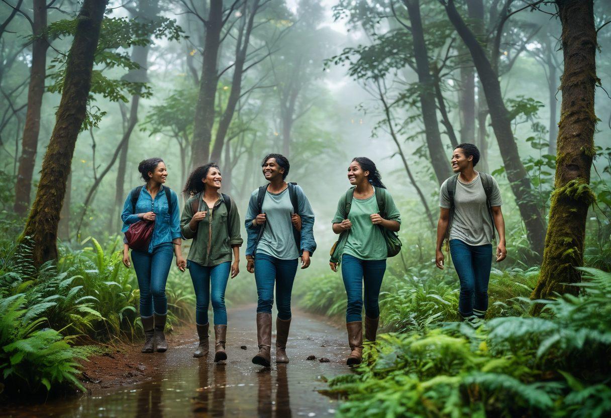A group of diverse friends joyfully exploring a lush, misty forest with vibrant green foliage and gentle rain creating a magical ambiance. They are engaging in outdoor activities like hiking and sharing laughter, with raindrops glistening on their clothes. The scenery includes playful wildlife peeking through the foliage and serene puddles reflecting the cloudy sky. super-realistic. vibrant colors. soft focus.